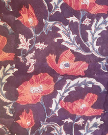  Cotton Fabric - Hand Block Print Poppies Aubergine