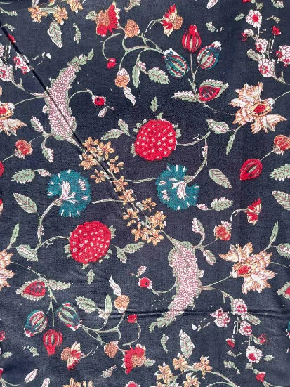 Close-up of floral-patterned fabric with red, pink, and green flowers on a dark background. Fabric Store Australia. Indian Fabric