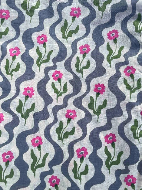 Patterned fabric with pink flowers and green leaves on a blue and white background, Sapling Textiles, Fabric Store Australia, Indian Fabric online Australia