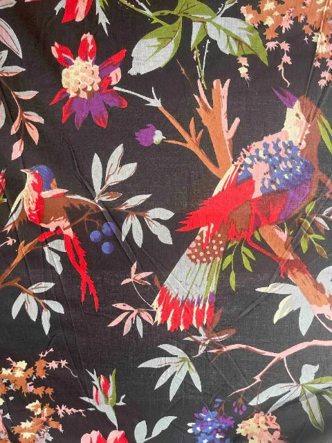 Colorful bird and floral pattern on a black background, Sapling Textiles, Fabric Store Australia, Indian Fabric online Australia