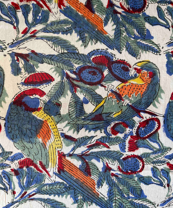 Cotton Fabric - Hand Block Print - Parrots Multi