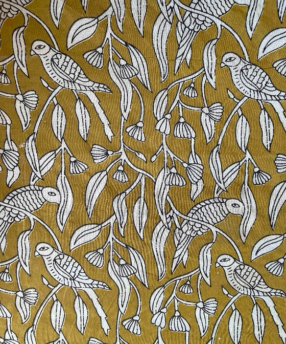 Cotton Fabric - Hand Block Print - Parrots Earthy